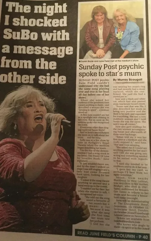 Newspaper cutting about the message June Field gave Susan Boyle at one of her shows