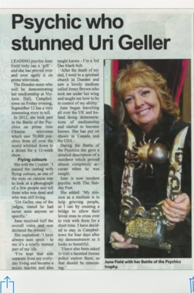 Campbeltown Courier cutting headlined 'Psychic who stunned Uri Geller', with a photo of June holding her trophy