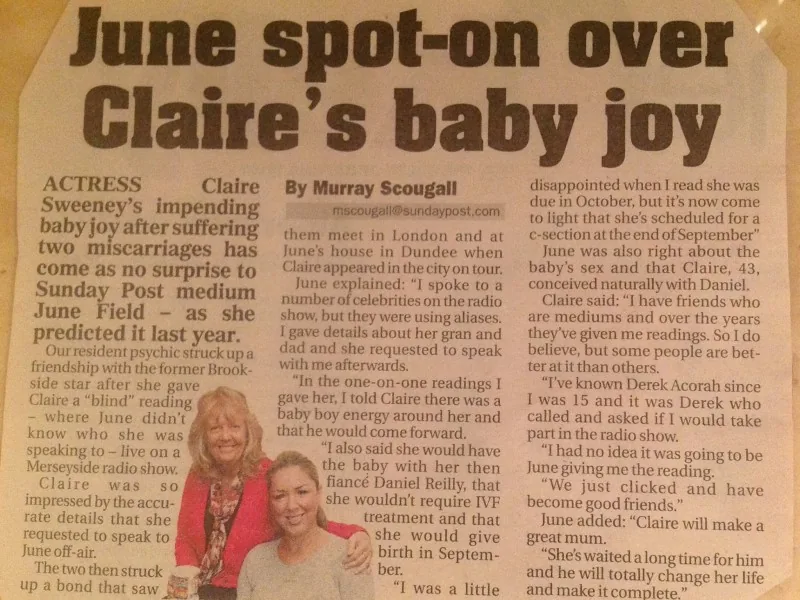 Newspaper cutting headlined 'June spot-on over Claire's baby joy'