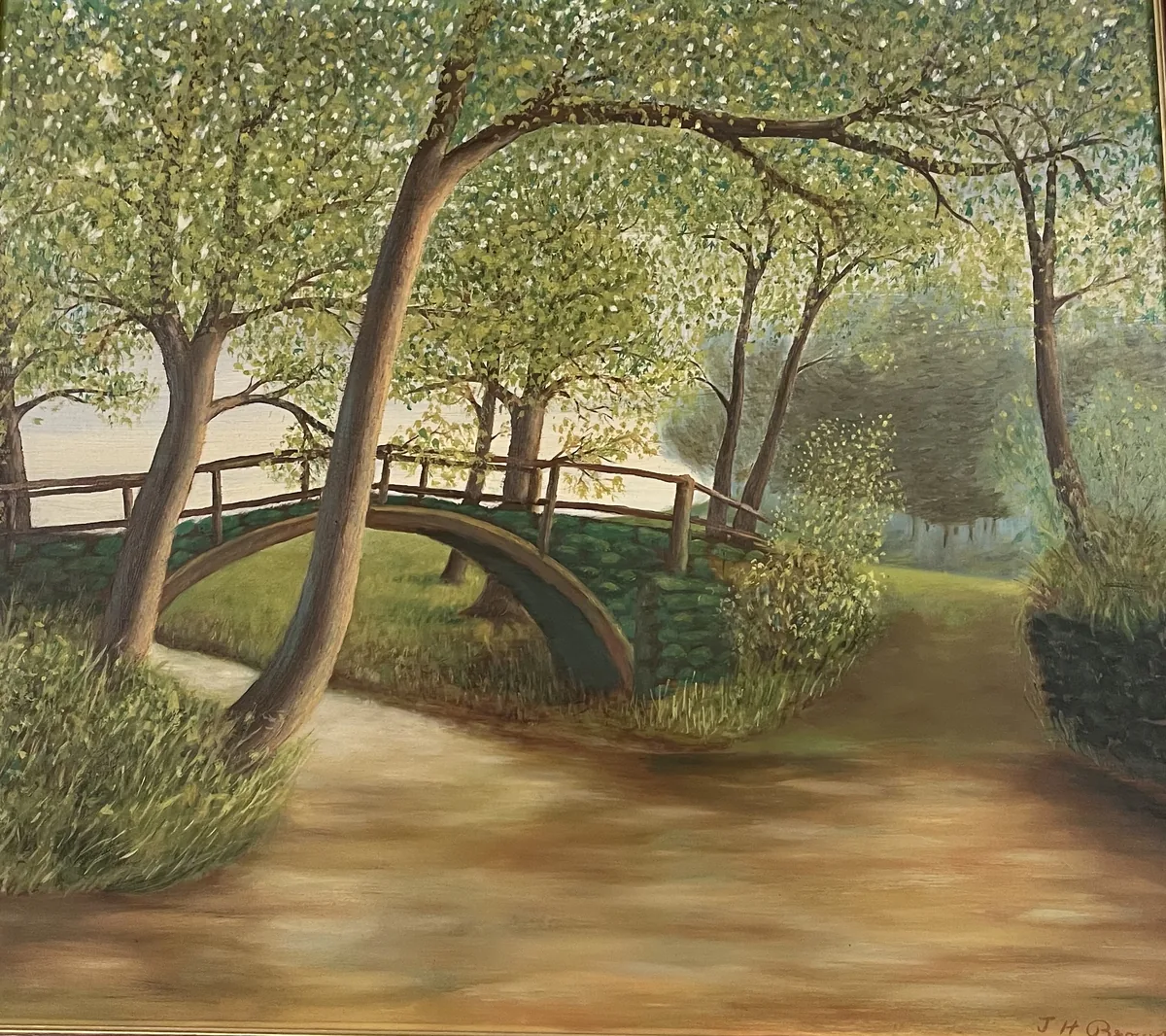 Her father's painting of a wooden footbridge among trees