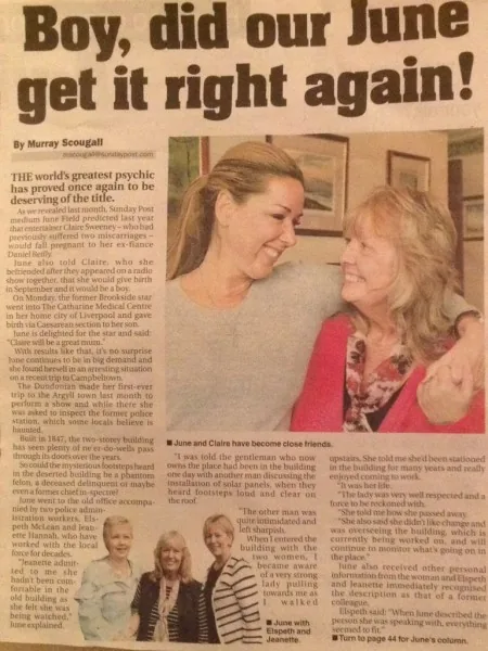 Newspaper cutting headlined 'Boy, did our June get it right again!', with a photo of June and Claire Sweeney