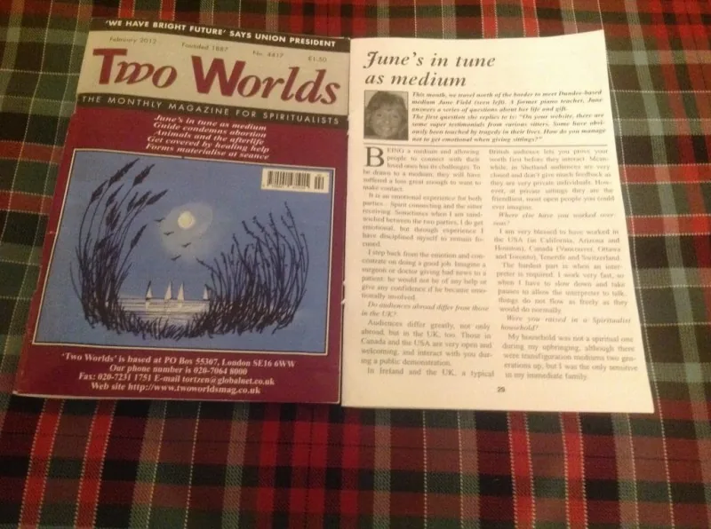 Two Worlds magazine page headlined 'June's in tune as medium'